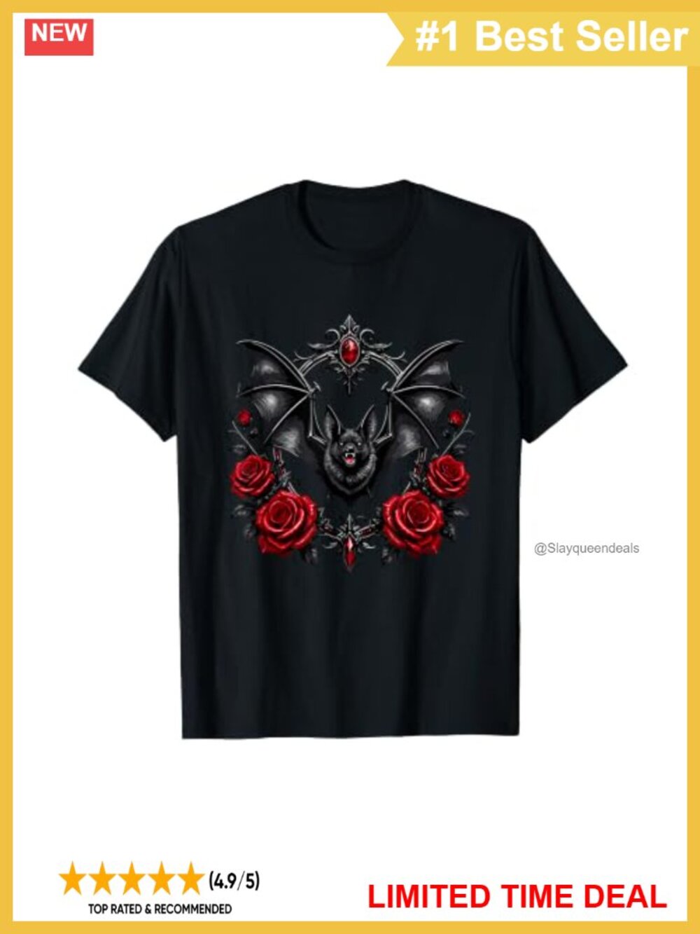 Gothic Bat Red Roses Baroque Graphic Lightweight Tee